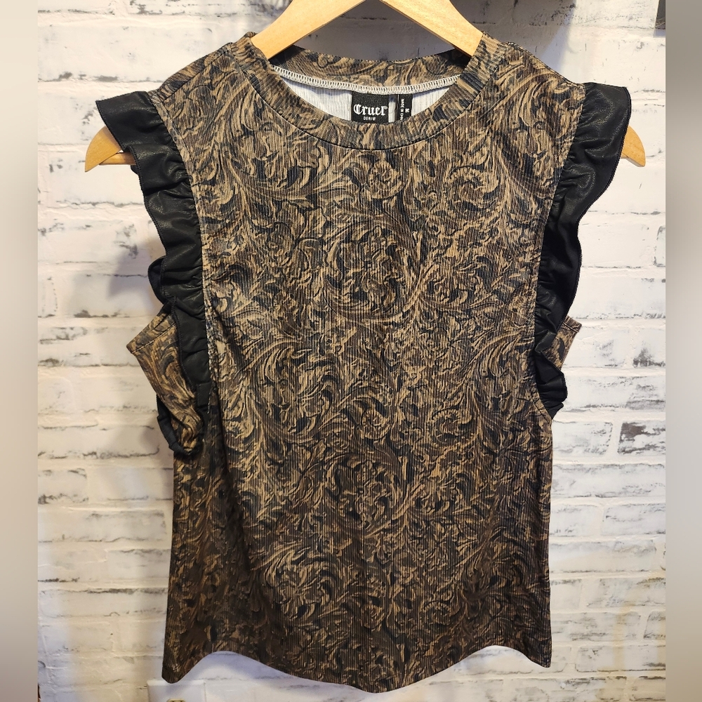 Cruel Denim Brown and Black Ruffle Top